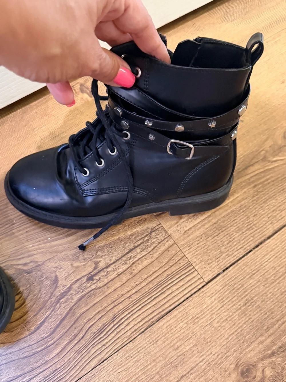 Black Girl's Lace-Up Combat Boots with Star-Accent Strap